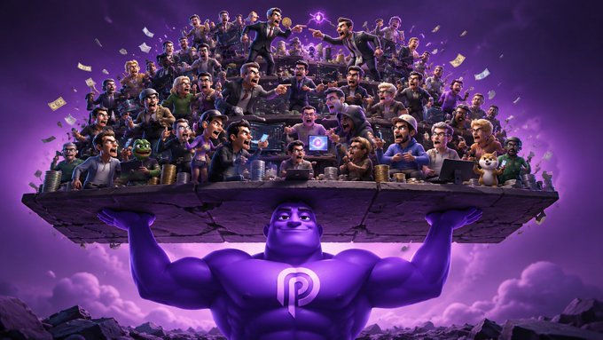 The image features a cartoon-like depiction of people holding up a large purple stone, with some characters appearing as if they are lifting the stone. The scene takes place against a dark purple background, which emphasizes the size and weight of the stone being held by the group of people. The caption below the image reads "Every crypto protocol thinks it'S the main character Then you zoom out and realize they're all standing on the same infrastructure stack Some projects chase attention Pyth just keeps collecting integrations $PYTH". This phrase is likely a reference to Bitcoin, which has been in the news recently due to its massive growth and influence.
