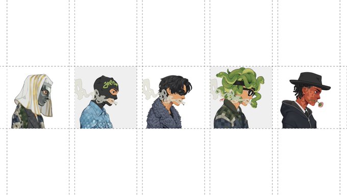Five stylized NFT character portraits featuring diverse smoking figures—including one in a hood, one with a green graffiti-marked balaclava, one with a fur collar, one with green curly hair, and one in a black hat—promote the "Jeets" NFT collection, the first launch on GachaPad built on the Fenix standard.