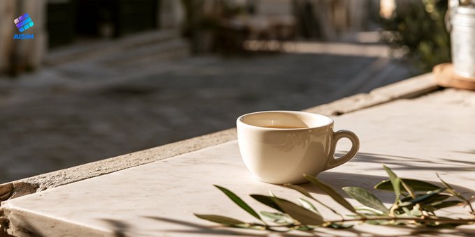 A white ceramic coffee cup on a stone table with olive branches, in a sunlit outdoor setting, with an 'AIzaa' watermark in the corner.