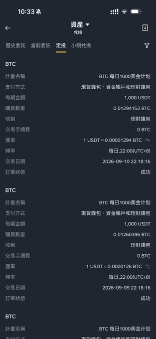 A mobile screenshot showing a cryptocurrency exchange app with recurring BTC purchases of 1,000 USDT scheduled daily at 22:00 UTC, executed at 0.01294152 BTC and 0.01260396 BTC with successful status.