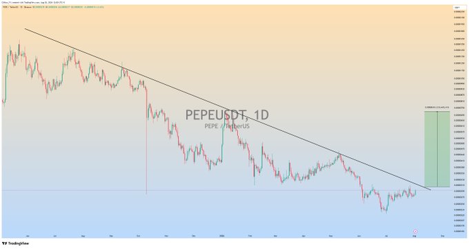 A daily candlestick chart of PEPEUSDT (PEPE/USDT) on TradingView showing a descending trendline pattern with price action on the right side.