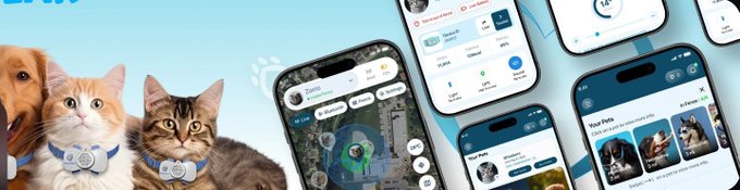 A promotional banner showing two cats wearing GPS tracker collars next to smartphone screens displaying the companion app's map and pet tracking interface.