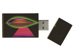 A black USB flash drive with a colorful rainbow and triangle design on its sleeve is displayed against a white background.