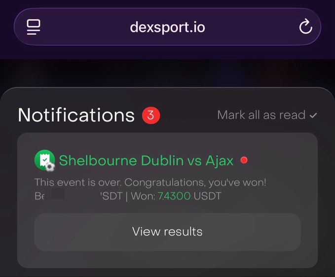 A screenshot from dexsport.io shows a notification of a winning bet on 'Shelbourne Dublin vs Ajax' with 7.4300 USDT won.