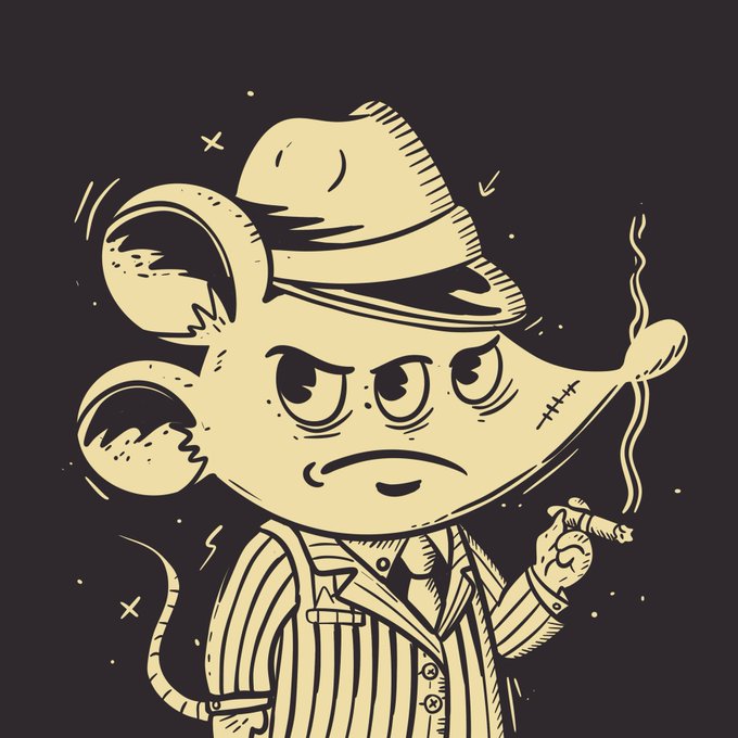 A stylized cartoon illustration of a grumpy three-eyed mouse wearing a fedora hat and striped suit, smoking a cigar on a dark background.