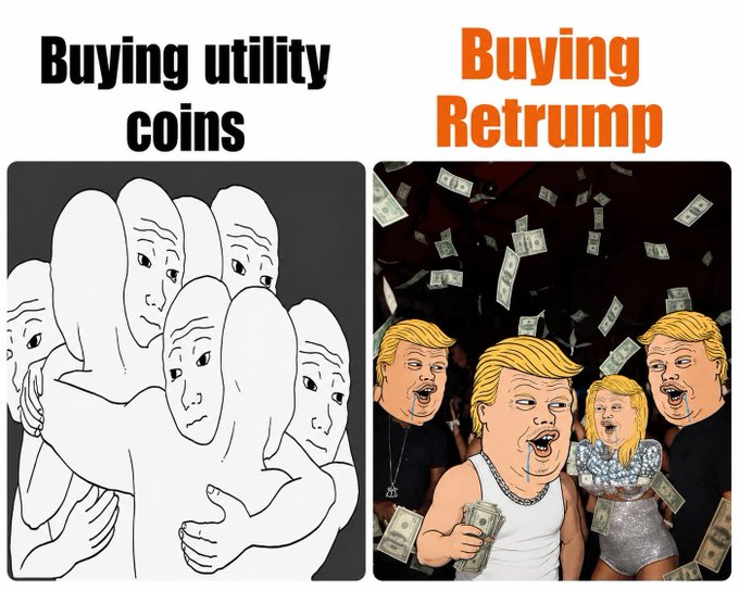 A two-panel meme contrasting 'Buying utility coins' (depicted with sad, muted Wojak faces hugging) versus 'Buying Retrump' (shown with excited Donald and Melania Trump caricatures celebrating amid falling money).