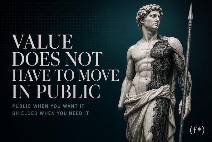A graphic featuring a classical statue of a man with circuit board patterns on one side of his body, holding a spear, alongside the text 'VALUE DOES NOT HAVE TO MOVE IN PUBLIC' and 'PUBLIC WHEN YOU WANT IT SHIELDED WHEN YOU NEED IT'.