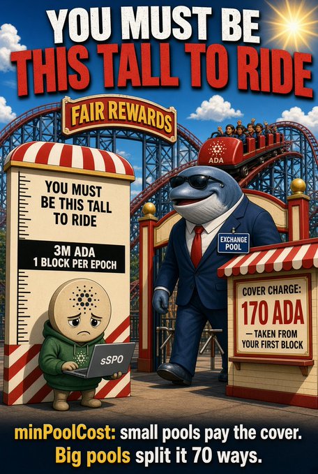A colorful promotional graphic reading 'YOU MUST BE THIS TALL TO RIDE' with 'FAIR REWARDS', featuring a dolphin in a suit, a small character labeled 'sSPO', and text about 'minPoolCost' and ADA exchange pool rewards.