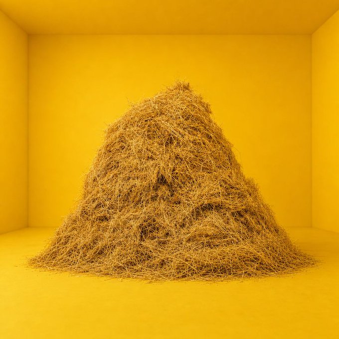 The image features a large pile of hay or straw sitting on a yellow floor. The text "The whole internet is probably waiting for @binance's new product announcement today" suggests that there might be an upcoming release related to Bitcoin, possibly involving the use of this material in some way. This could be a new product or service that uses the hay as a key component.