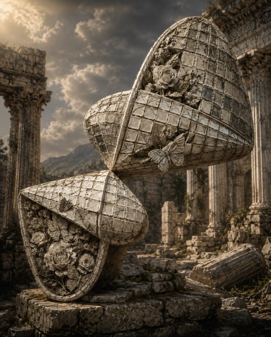 A surreal artistic rendering of large stone heart-shaped sculptures adorned with carved roses and a butterfly, set among ancient Roman-style columns and ruins under a dramatic cloudy sky.