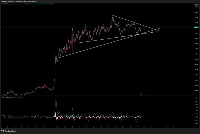 A TradingView chart of Coinbase-listed $HYPE (Hyperliquid) on August 15, 2024, showing a 1-hour candlestick pattern where price has consolidated into a symmetrical triangle between approximately 76 and 87 after a vertical rally, with the AO oscillator (26, 18) displaying shrinking momentum at the bottom—visually confirming the tight coiled structure described in the caption ahead of a potential breakout.