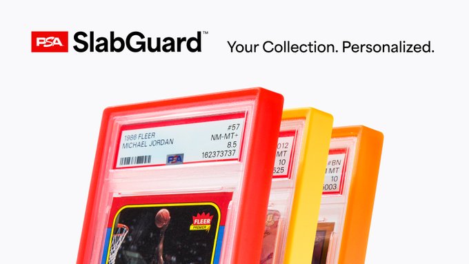 A promotional image for "PSA SlabGuard — Your Collection. Personalized" showcases a stack of colorfully cased graded sports cards, including a 1986 Fleer Michael Jordan (#57, NM-MT 8.5, cert #162373737). The image directly ties to the post's critique of PSA, visually representing the product the user is frustrated with while they complain about slow grading turnaround times despite continued upsells.