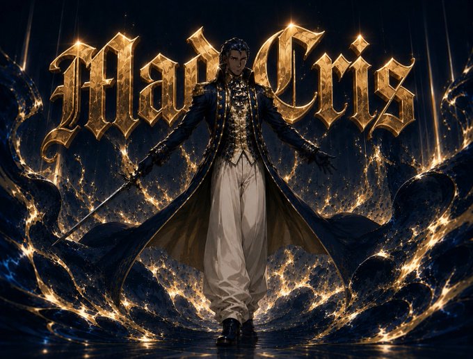 A dramatic digital artwork featuring a man in an ornate black coat holding a sword, standing in front of the stylized gold text 'Mad Cris' against a dark, glowing background.
