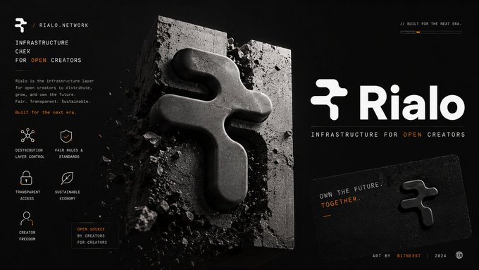 A dark promotional banner for 'Rialo' features a 3D metallic logo breaking through stone, with the tagline 'INFRASTRUCTURE FOR OPEN CREATORS' and 'Built for the next era.', credited to art by 'BITNEKST 2024'.