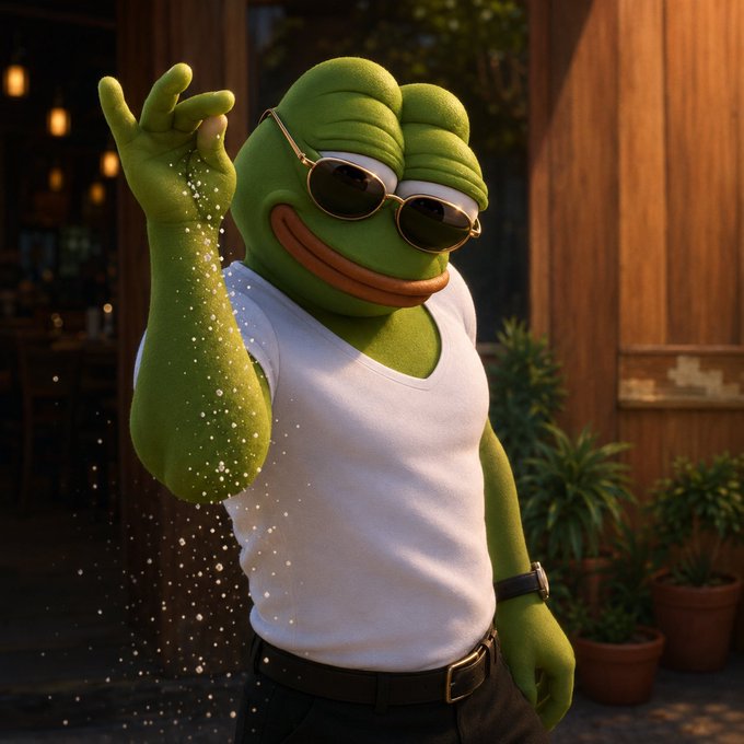 A 3D-rendered Pepe the Frog character wearing sunglasses, a white tank top, and dark pants strikes a confident pose while sprinkling or flicking sparkling dust from his raised hand, set against a warm, wooden-toned background with potted plants.