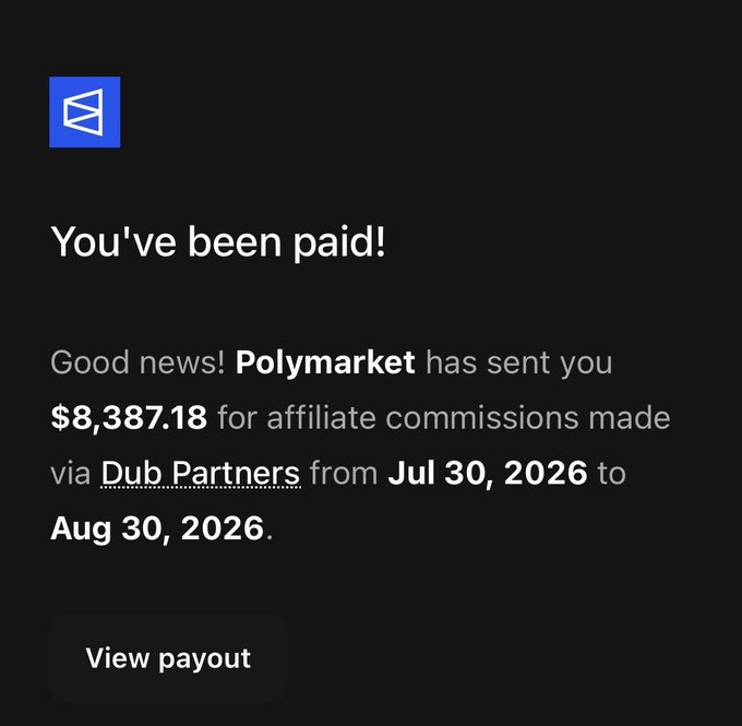 A payment notification on a dark background reads: 'You've been paid! Good news! Polymarket has sent you $8,387.18 for affiliate commissions made via Dub Partners from Jul 30, 2026 to Aug 30, 2026.'