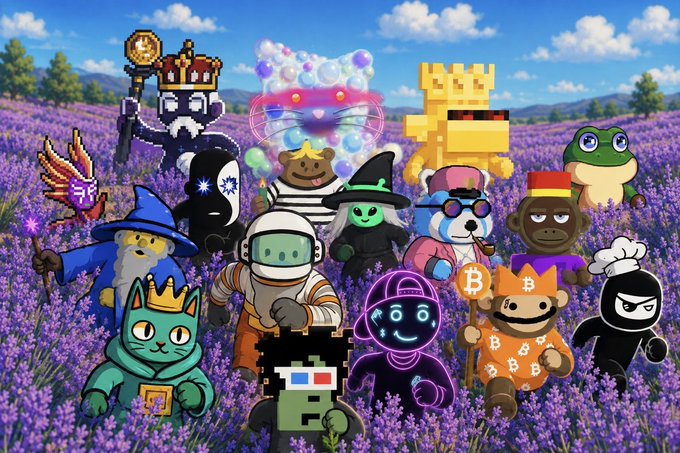 A colorful collection of NFT-style cartoon characters, including wizards, astronauts, frogs, and pixel-art figures, stand together in a vibrant lavender flower field.
