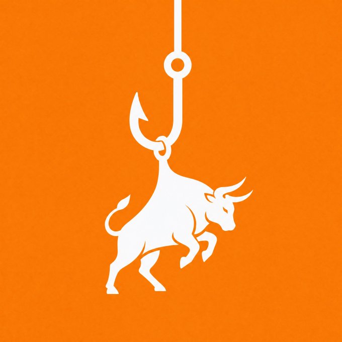 A bold white silhouette of a bull is suspended by a fishhook against a vibrant orange background, symbolizing the "hooked" concept referenced in the post's "#HookedStock" hashtag. The accompanying text, "We are still early, and there is a huge amount left to build. (🐂,🐂) 🟧," uses bullish emojis to reinforce the optimistic outlook on the stock, with the orange square emoji matching the image's striking orange backdrop.