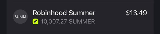 A screenshot displays a cryptocurrency or stock holding labeled 'Robinhood Summer' (SUMM) valued at $13.49, showing a balance of 10,007.27 SUMM.