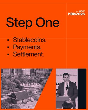 An orange slide from KBW 2026 titled 'Step One' lists bullet points for Stablecoins, Payments, and Settlement, featuring images of city buildings and a man speaking at a podium.