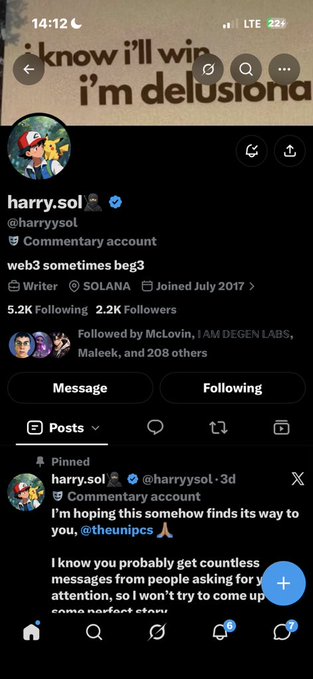 A Twitter/X profile screenshot of harry.sol (@harryysol), a web3 commentary account on Solana with a pinned post mentioning '@theunipcs' and a banner reading 'I know i'll win i'm delusional'.