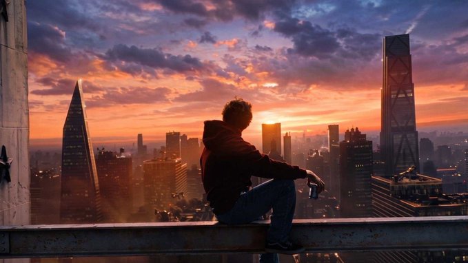 A cinematic silhouette of a person sitting on a rooftop ledge holding a cup, overlooking a sprawling cityscape at sunset with dramatic orange and purple skies and tall skyscrapers.