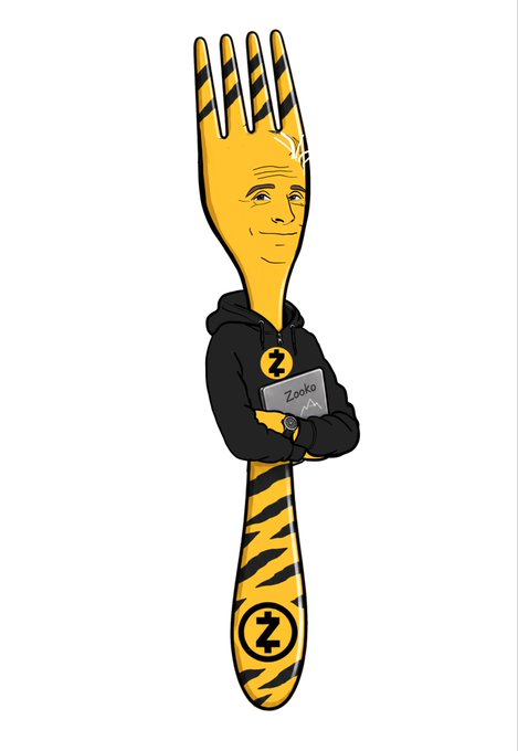A cartoon illustration of a yellow fork character with a human face, wearing a black hoodie with a Z logo, holding a Zooko tablet, set against a zebra-striped background.