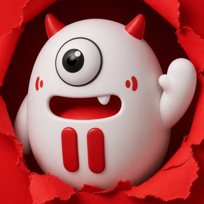 A cute white one-eyed monster character with red horns and red accents appears to be bursting through a torn red paper background, mirroring the post's enthusiastic TRON community message of explosive, invincible momentum as a new month begins.
