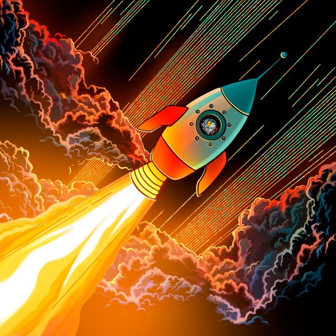 A colorful digital illustration of a cartoon rocket ship blasting through clouds with a bright orange flame trail against a dark sky with light streaks.