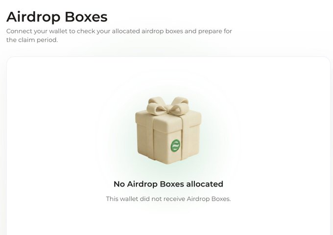 A webpage titled 'Airdrop Boxes' displays a gift box icon with text stating 'No Airdrop Boxes allocated' and 'This wallet did not receive Airdrop Boxes.'