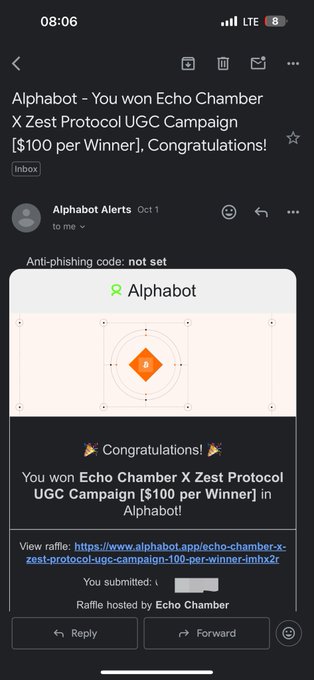 An email screenshot from Alphabot Alerts announcing a win in the "Echo Chamber X Zest Protocol UGC Campaign" for $100 per winner, with a raffle link visible.
