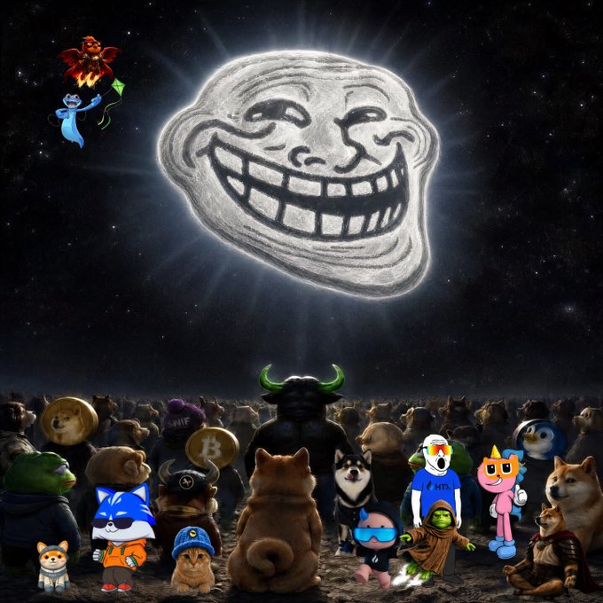 A digital illustration featuring a giant grinning troll face in the sky above a crowd of various internet meme characters, including Doge, Wojak, and Shiba Inu, with a small demon flying in the corner.