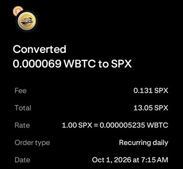 A cryptocurrency transaction confirmation screen on a dark background, showing a successful conversion: 'Converted 0.000069 WBTC to SPX', with a fee of 0.131 SPX, a total of 13.05 SPX, a rate of 1.00 SPX = 0.000005235 WBTC, a 'Recurring daily' order type, and a date of 'Oct 1, 2026 at 7:15 AM'.