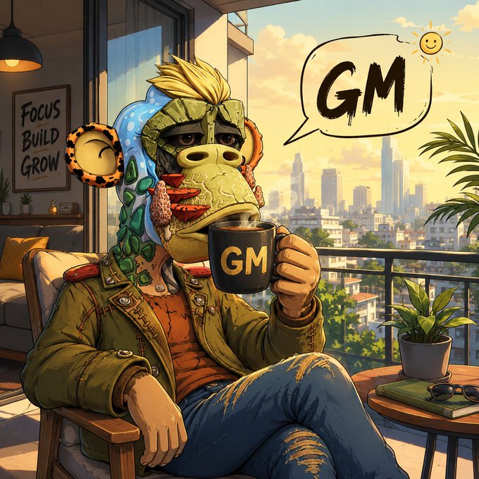 A digital illustration depicts a reptilian humanoid character relaxing on a balcony, holding a black mug labeled "GM," with a speech bubble saying "GM" and a wall poster reading "FOCUS BUILD GROW."