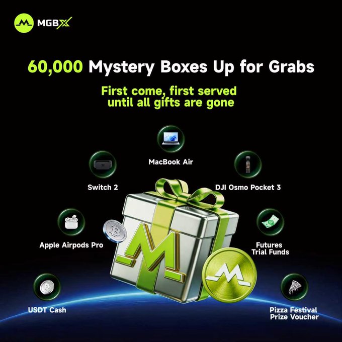 The image features a poster for an event called "60,000 Mystery Boxes Up for grabs!". The poster includes various items such as gift boxes, a laptop, and other objects that are up for grabs. It also contains text promoting a giveaway of pizza blind boxes, which is likely related to the event or promotion featured on the poster.