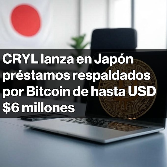 A news graphic with a Japanese flag and Bitcoin symbol announcing that CRYL launches Bitcoin-backed loans in Japan for up to $6 million USD.