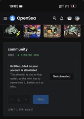 OpenSea mobile app showing a community mint notification asking to allocate an account, with a 'Switch wallet' button and 'Mint' option set to 1 with a limit of 5 per wallet.