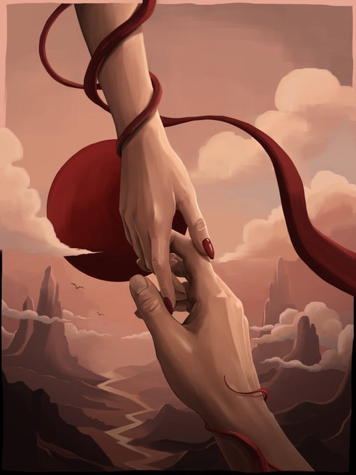 A surreal digital painting shows two hands reaching toward each other, wrapped in a flowing red ribbon against a backdrop of clouds, mountains, and a river.