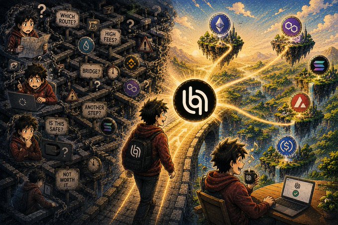 A vibrant digital illustration of a young person in a red hoodie navigating a dreamy landscape of floating islands connected by glowing paths, with cryptocurrency logos and a central symbol, while a smaller figure uses a laptop and others appear in a maze on the left.