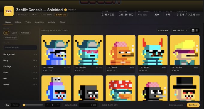A screenshot of the ZecBit Genesis – Shielded NFT marketplace displaying pixel-art collections, with various character tiles and filter options for traits like Background, Body, Earrings, Eyes, Hat, and Mouth.