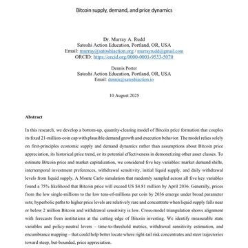 The image features a text document with white text against a gray background. The words "BITCOIN SUPPLY, DEMAND, PRICE DYNAMICS" are visible at the top of the document. Below these words, there is more information about Bitcoins and Bitcoin price dynamics that supports the idea that the Bitcoin market could be reaching $10,000 or even $20,000 in less than 6 years and may continue rising for another 10 years. The context suggests a strong connection between the image and its content.