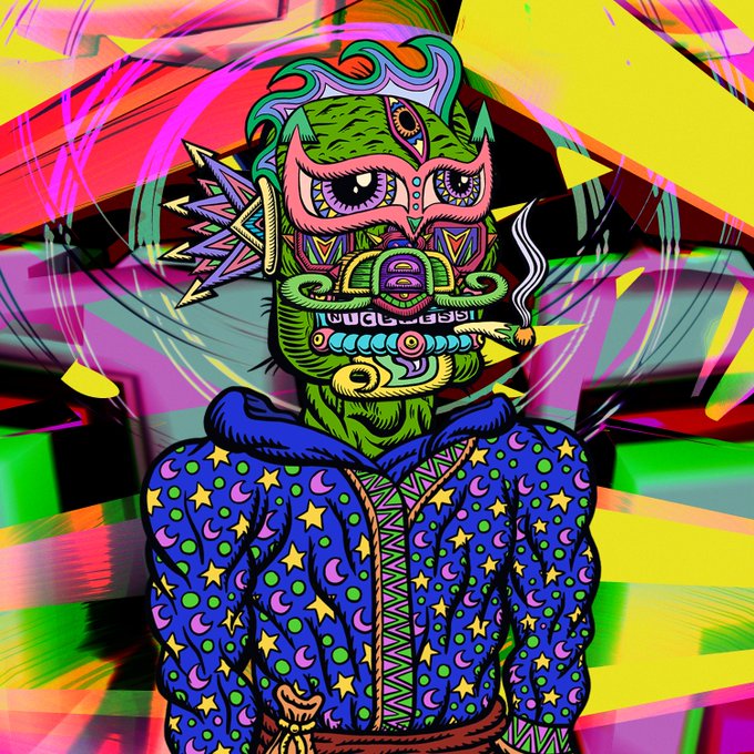 A stylized, psychedelic cartoon character with a green skull-like face, rainbow hair, and a lit cigar wears a vibrant blue hoodie patterned with stars and crescent moons, set against a chaotic, neon-colored geometric background. The piece embodies the cosmic, "galaktic" aesthetic promoted by GalakticGangNFT, with no visible text or numbers beyond the artistic branding.