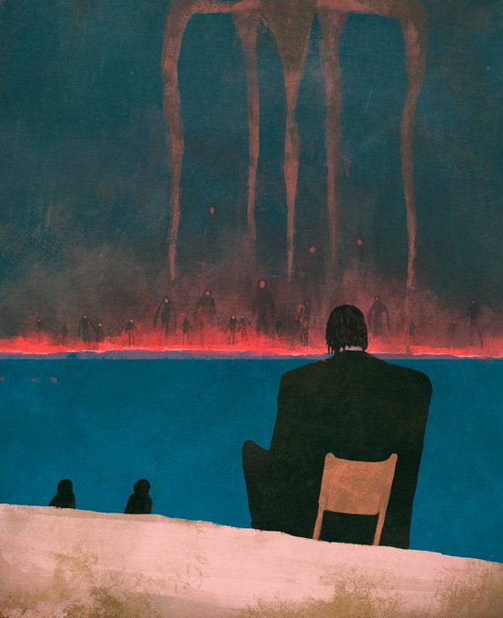 A dark, atmospheric illustration of a man sitting in a chair facing a glowing red river with silhouetted figures beneath a massive shadowy entity.