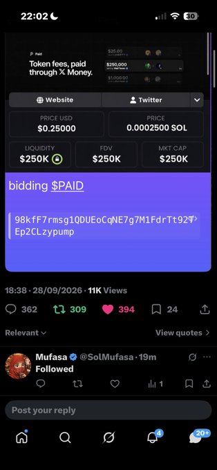 A mobile Twitter/X screenshot showing a post about a cryptocurrency token called '$PAID' with bidding transaction details, price info ($0.25 USD), and 11K views.