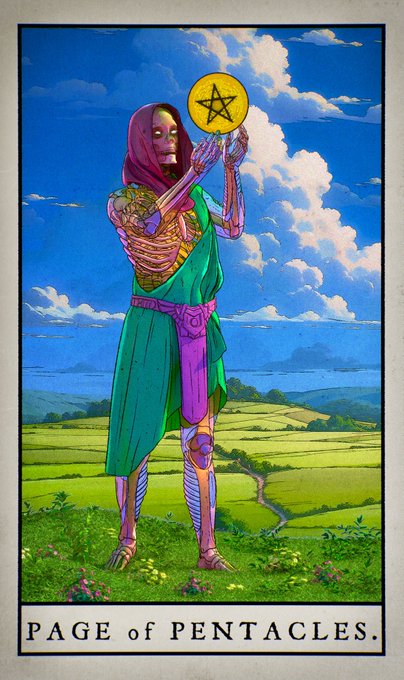 A vibrant tarot card titled 'PAGE of PENTACLES' depicts a hooded, purple-skinned figure with exposed ribs holding up a golden pentacle against a backdrop of rolling green hills and a blue, cloudy sky.
