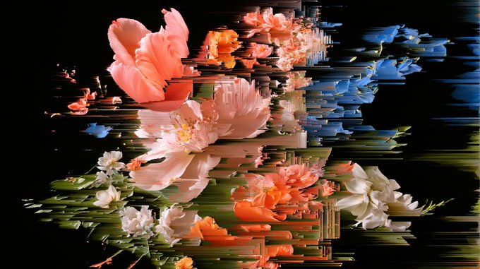 An artistic digital image displays pink and white flowers with a glitch or distortion effect against a black background.