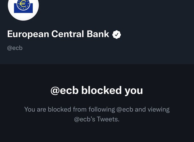 A screenshot of a Twitter/X account page showing that the European Central Bank (@ecb) has blocked the user, displaying the message '@ecb blocked you' with their euro logo profile picture.