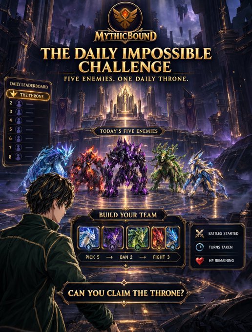 A game promotional image for 'MythicBound' shows 'THE DAILY IMPOSSIBLE CHALLENGE' with the tagline 'FIVE ENEMIES, ONE DAILY THRONE' and asks 'CAN YOU CLAIM THE THRONE?'.