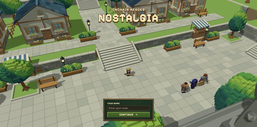 A title screen for the video game 'Onchain Heroes: NOSTALGIA' showing a pixel-art town with a character name entry prompt.
