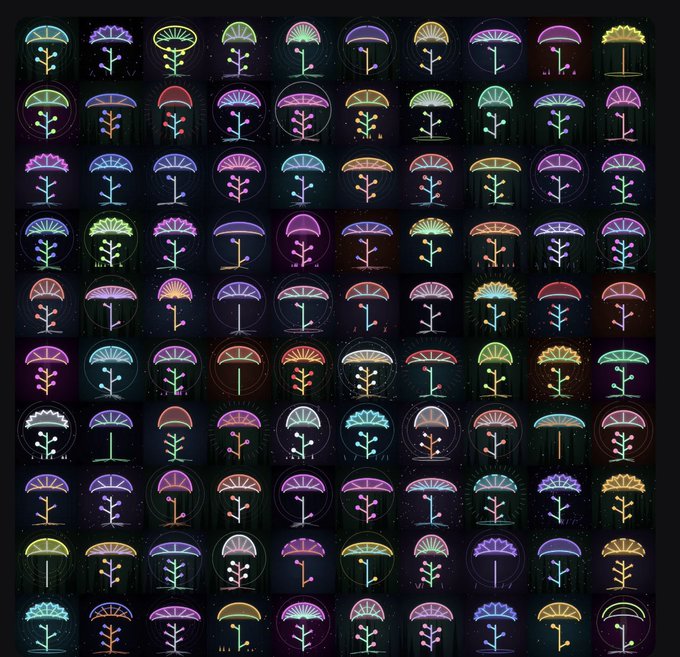 A grid of 100 glowing neon mushroom icons in various colors and stylized designs against a dark background, representing the variety within the 4,444 NFT key collection for Mycelium's agentic trading network. The diverse mushroom illustrations symbolize the unique, generative nature of each key in the Mnodes collection.